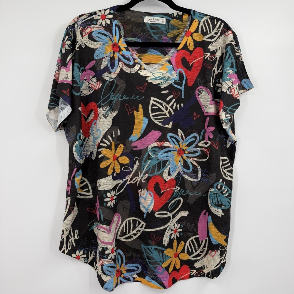 Jess & Jane Tunic Womens XL Black Floral V-Neck Dolman Sleeve Lightweight
